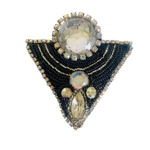 M & J Hansen Black Beaded Rhinestone Triangular 1985 Signed Brooch 80s Runway